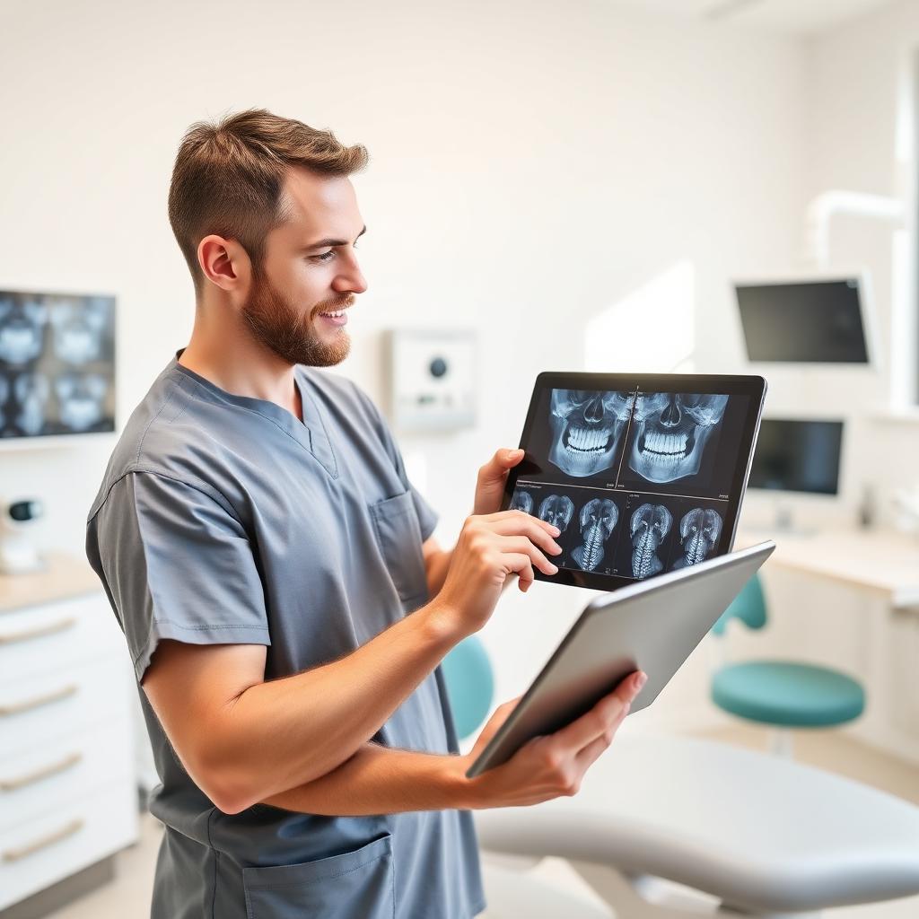 Male dentist in scrubs reviewing patient x-rays on a tablet in a modern clinic